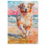Watercolor Painting of a Fluffy Dog Joyfully Running on the Beach with Ocean Waves and Vibrant Sunset Skies on Ready to Hang 1.5" Thick Canvas Wrap, Floating Framed Canvas, Flat Rolled Canvas