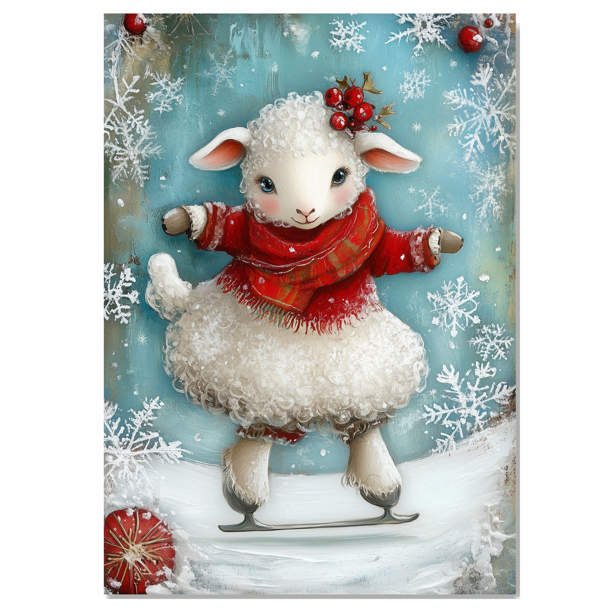 Whimsical Christmas Lamb Ice Skating with Red Sweater and Holly Crown – Sweet Winter Animal Illustration for Holiday Nursery Decor, Gifts, or Seasonal Joy on Ready to Hang 1.5" Thick Canvas Wrap, Floating Framed Canvas, Flat Rolled Canvas
