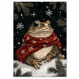 "Frosty Leap Frog" - Frog in Red Scarf Sitting in Snow on Ready to Hang 1.5" Thick Canvas Wrap, Floating Framed Canvas, Flat Rolled Canvas