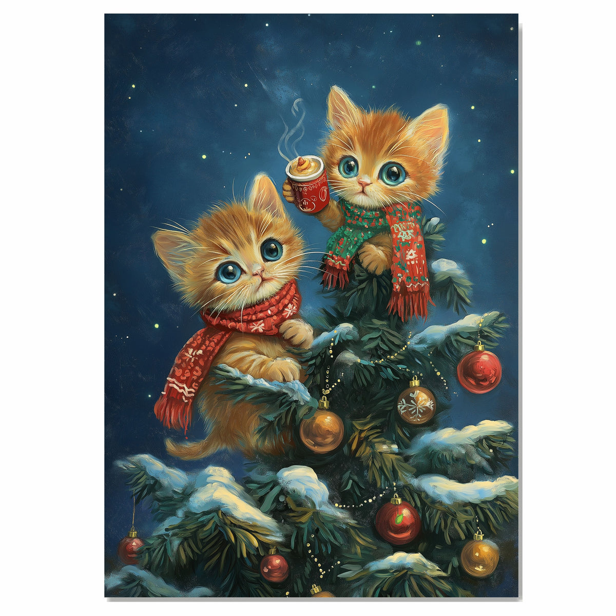 Christmas Kittens Canvas Wall Art – Cute Orange Tabby Cats with Cocoa & Ornaments in Tree – Cozy Holiday Print with Scarves & Snowy Decor on Ready to Hang 1.5" Thick Canvas Wrap, Floating Framed Canvas, Flat Rolled Canvas