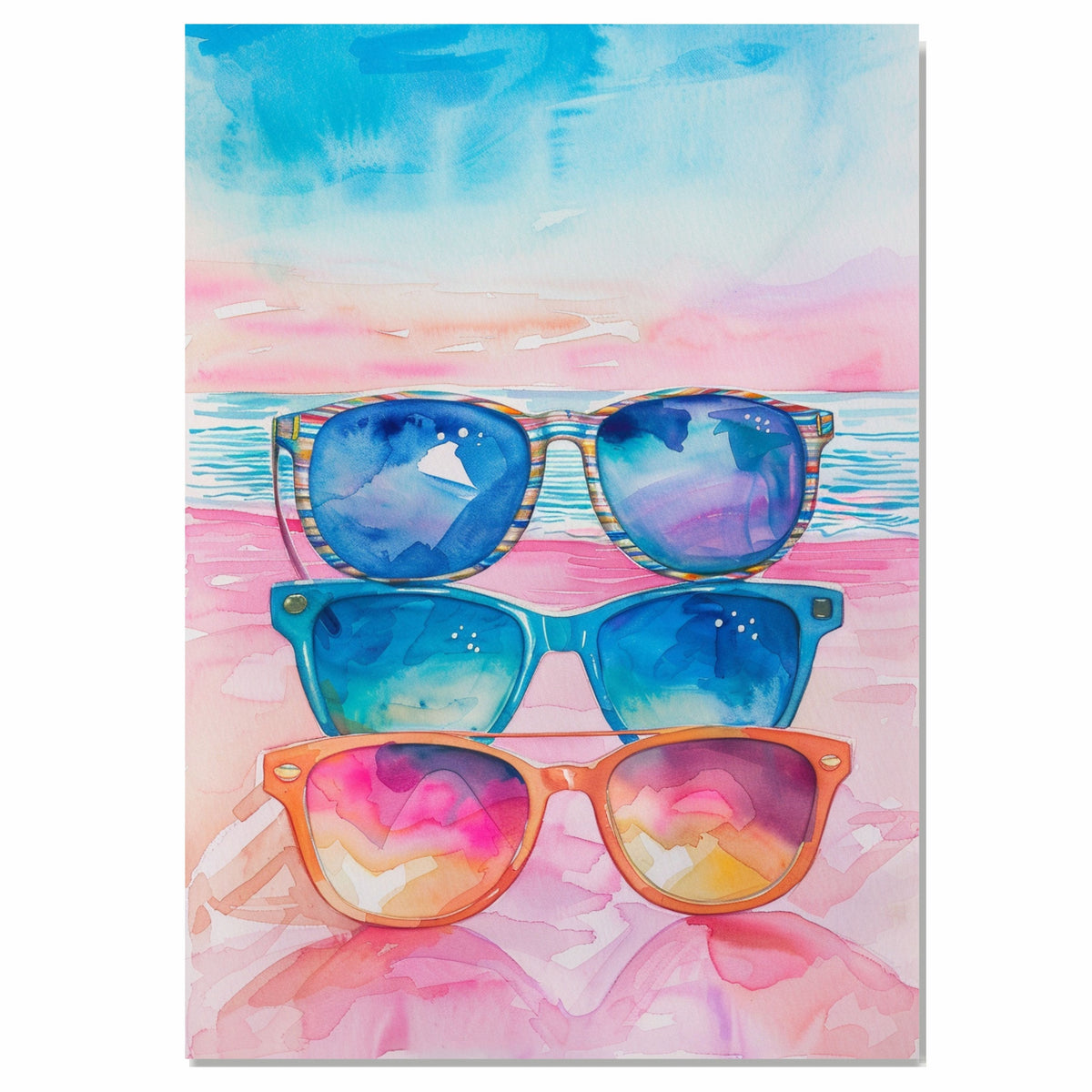 Watercolor Painting of Three Colorful Sunglasses with Ocean Beach Background in Vibrant Summer Tones on Ready to Hang 1.5" Thick Canvas Wrap, Floating Framed Canvas, Flat Rolled Canvas