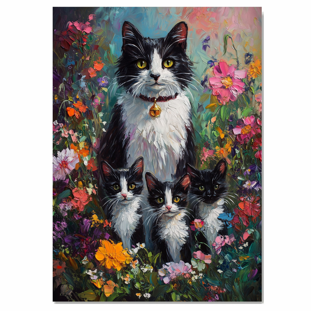 Springtime Blossoms: Tuxedo Cat Mom and Three Kittens in a Floral Wonderland on Ready to Hang 1.5" Thick Canvas Wrap, Floating Framed Canvas, Flat Rolled Canvas