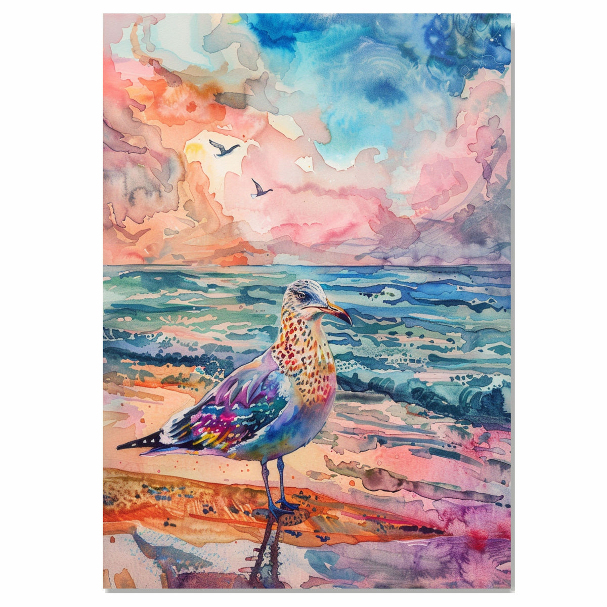 Vibrant Watercolor Seagull by Ocean with Colorful Sky and Waves in a Lively Coastal Beach Scene on Ready to Hang 1.5" Thick Canvas Wrap, Floating Framed Canvas, Flat Rolled Canvas