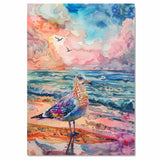 Vibrant Watercolor Seagull by Ocean with Colorful Sky and Waves in a Lively Coastal Beach Scene on Ready to Hang 1.5" Thick Canvas Wrap, Floating Framed Canvas, Flat Rolled Canvas