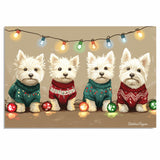 Dog Christmas Canvas  - "Highland Holiday Joy" - West Highland Terriers in Festive Sweaters with Christmas Lights on Ready to Hang 1.5" Thick Canvas Wrap, Floating Framed Canvas, Flat Rolled Canvas