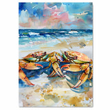 Watercolor Painting of Two Multicolored Crabs on Beach – Coastal Ocean Art Print with Sea and Sunset Background on Ready to Hang 1.5" Thick Canvas Wrap, Floating Framed Canvas, Flat Rolled Canvas