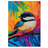 Bold Chickadee Bird with Blue and Yellow Plumage on Branch Against Abstract Rainbow Background on Ready to Hang 1.5" Thick Canvas Wrap, Floating Framed Canvas, Flat Rolled Canvas