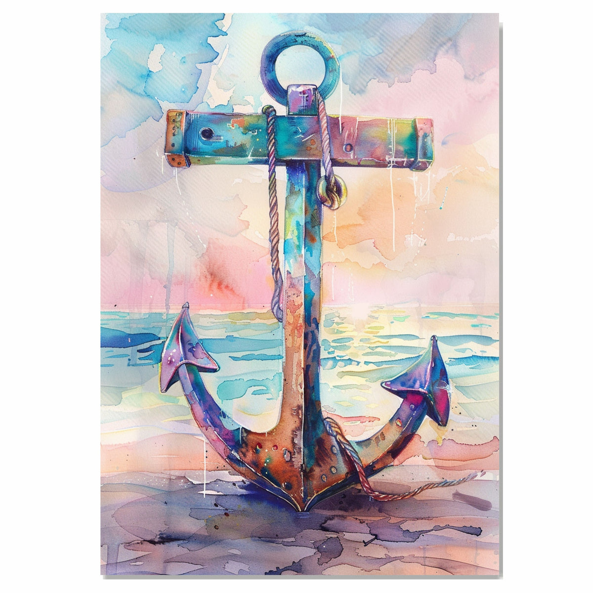 Watercolor Painting of a Multicolored Anchor on the Shore with Ocean Reflections and a Warm Sunset Coastal Sky on Ready to Hang 1.5" Thick Canvas Wrap, Floating Framed Canvas, Flat Rolled Canvas