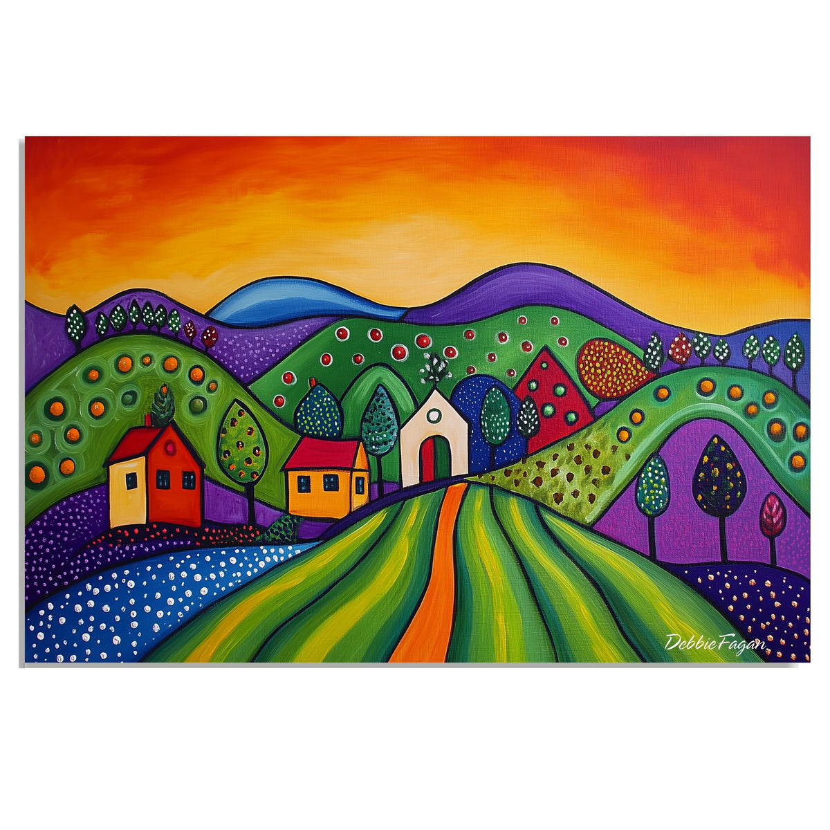 Vibrant Christmas Hillside with Whimsical Homes, Colorful Trees, and a Radiant Sunset in Bold Folk Art Style on Ready to Hang 1.5" Thick Canvas Wrap, Floating Framed Canvas, Flat Rolled Canvas