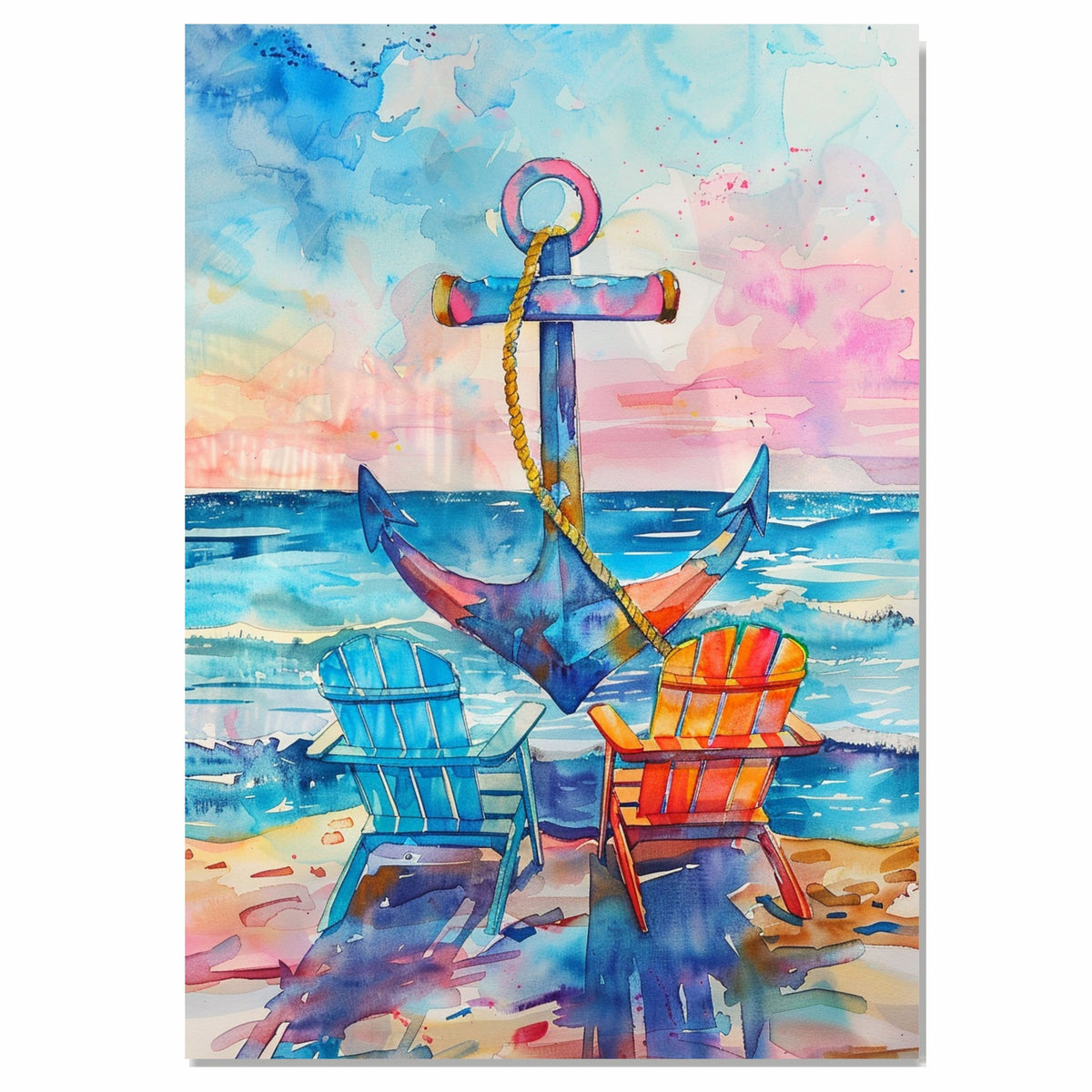 Watercolor Painting of Adirondack Chairs Facing Ocean with Large Anchor and Colorful Sunset Sky in Coastal Style on Ready to Hang 1.5" Thick Canvas Wrap, Floating Framed Canvas, Flat Rolled Canvas