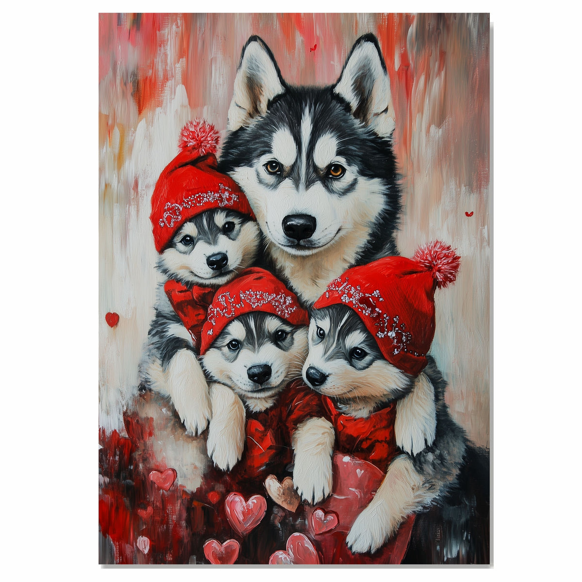 Warm Embrace: Siberian Husky Mom and Her Three Puppies in Cozy Red Scarves and Hats on Ready to Hang 1.5" Thick Canvas Wrap, Floating Framed Canvas, Flat Rolled Canvas