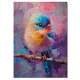 Cute Baby Bird in Rainbow Brushstrokes with Blue Pink and Yellow Feathers Sitting Calmly on a Branch Ideal for Whimsical and Artistic Wall Displays on Ready to Hang 1.5" Thick Canvas Wrap, Floating Framed Canvas, Flat Rolled Canvas