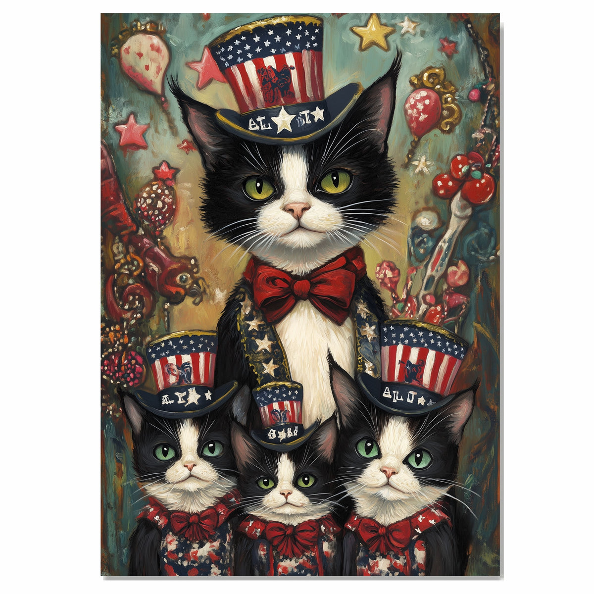 United We Purr: Tuxedo Cat Mom with Three Kittens in a Patriotic Scene - Delightful American-Themed Painting on Ready to Hang 1.5" Thick Canvas Wrap, Floating Framed Canvas, Flat Rolled Canvas