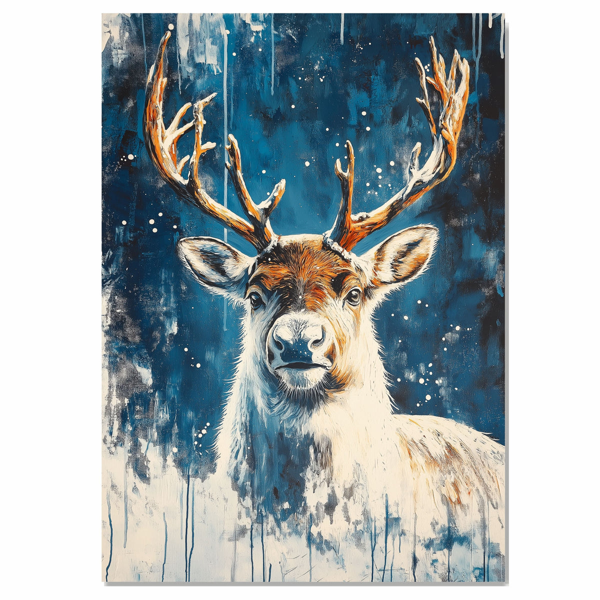 Snowy Reindeer Portrait Winter Wonderland Abstract Painting Majestic Wildlife Scene for Holiday Seasonal Home Office Decoration or Christmas Gift on Ready to Hang 1.5" Thick Canvas Wrap, Floating Framed Canvas, Flat Rolled Canvas