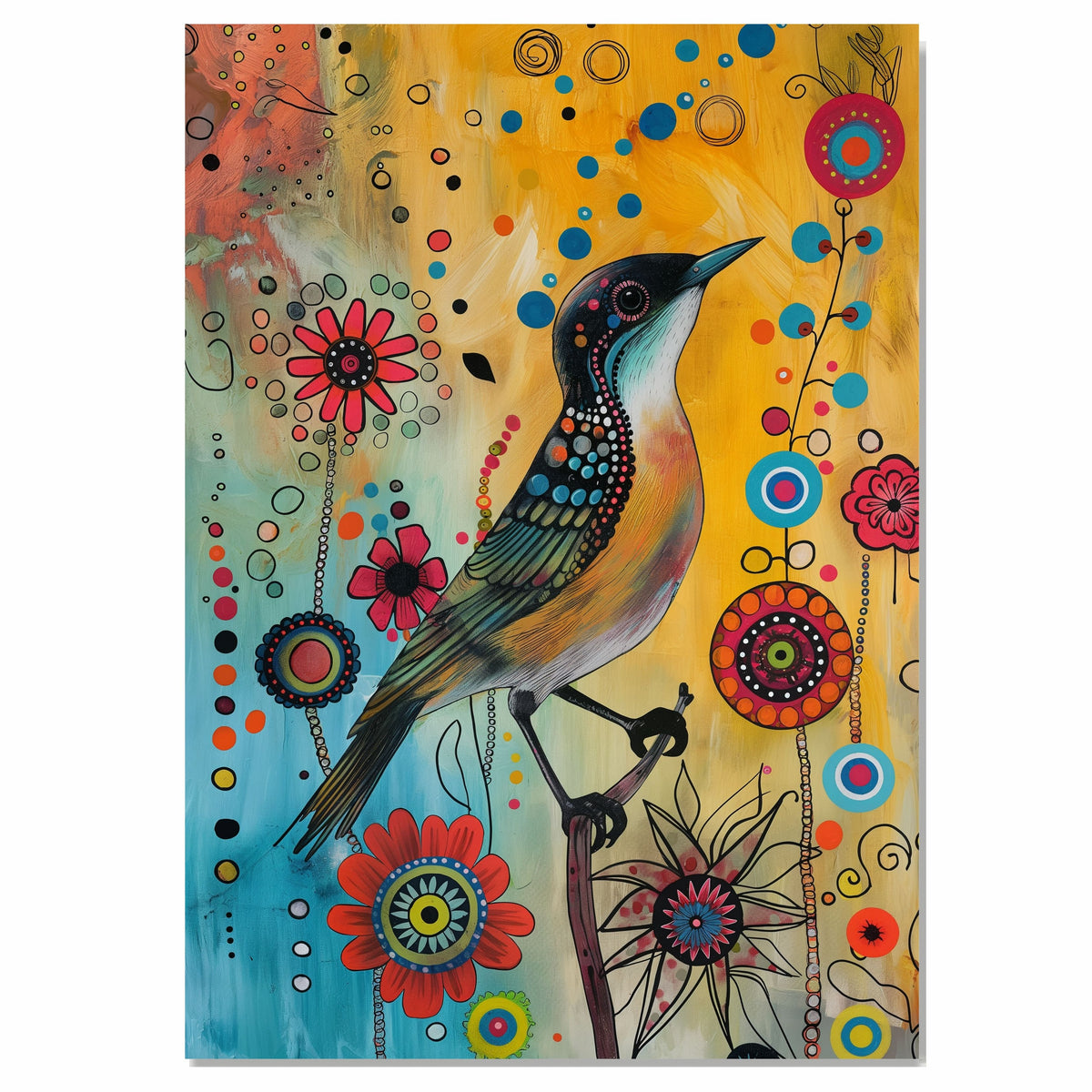 Playful Painting of a Colorful Bird with Patterned Feathers Surrounded by Bright Abstract Flowers and Dots Perfect for Nature Inspired or Modern Artistic Spaces on Ready to Hang 1.5" Thick Canvas Wrap, Floating Framed Canvas, Flat Rolled Canvas