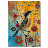 Playful Painting of a Colorful Bird with Patterned Feathers Surrounded by Bright Abstract Flowers and Dots Perfect for Nature Inspired or Modern Artistic Spaces on Ready to Hang 1.5" Thick Canvas Wrap, Floating Framed Canvas, Flat Rolled Canvas