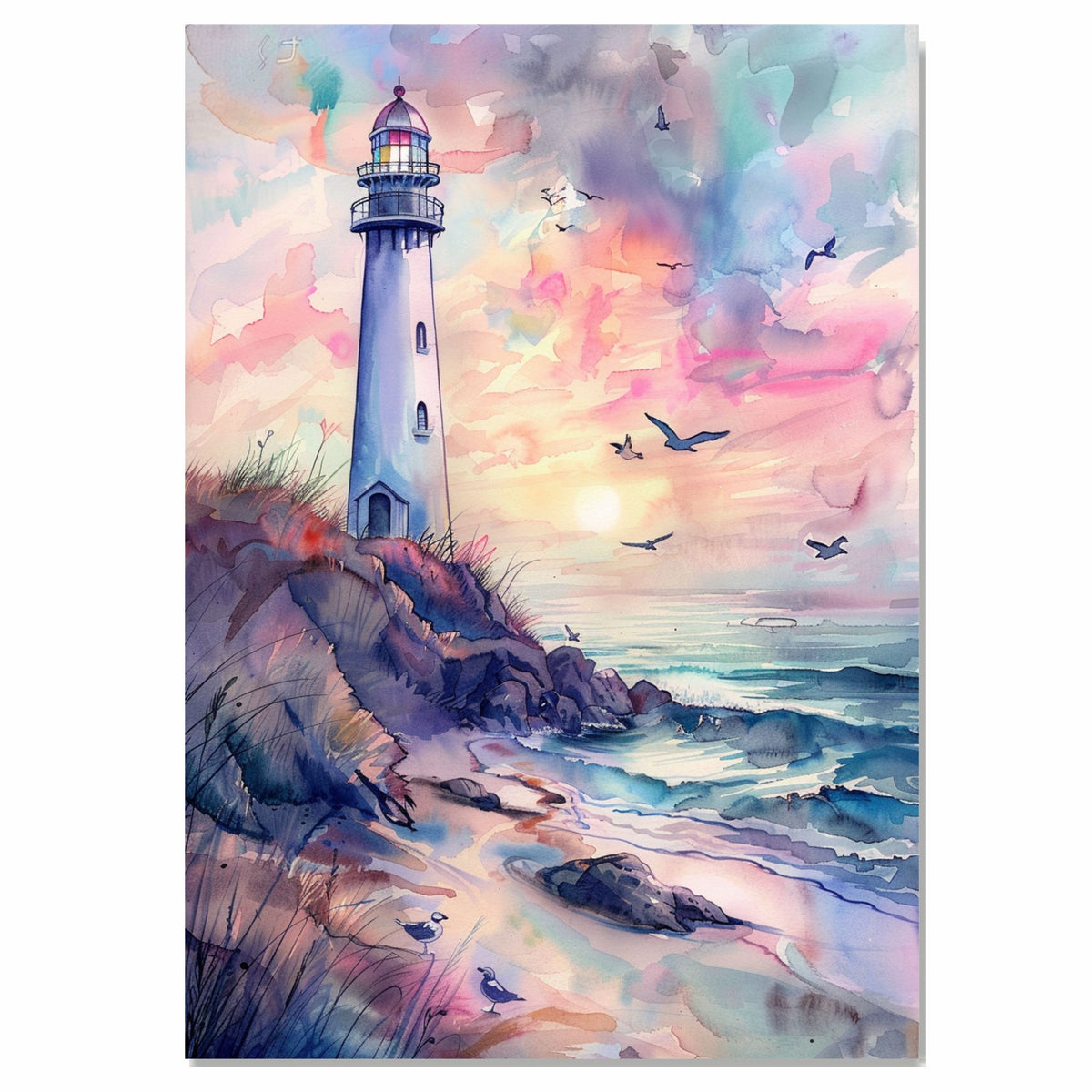 Elegant Lighthouse on Coastal Cliff with Pastel Sunset Sky and Ocean Waves in Soothing Watercolor Seaside Painting on Ready to Hang 1.5" Thick Canvas Wrap, Floating Framed Canvas, Flat Rolled Canvas