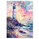 Elegant Lighthouse on Coastal Cliff with Pastel Sunset Sky and Ocean Waves in Soothing Watercolor Seaside Painting on Ready to Hang 1.5" Thick Canvas Wrap, Floating Framed Canvas, Flat Rolled Canvas