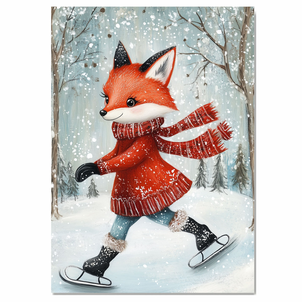 Whimsical Christmas Fox Ice Skating in Red Sweater and Scarf Canvas or Wall Art Print on Ready to Hang 1.5" Thick Canvas Wrap, Floating Framed Canvas, Flat Rolled Canvas