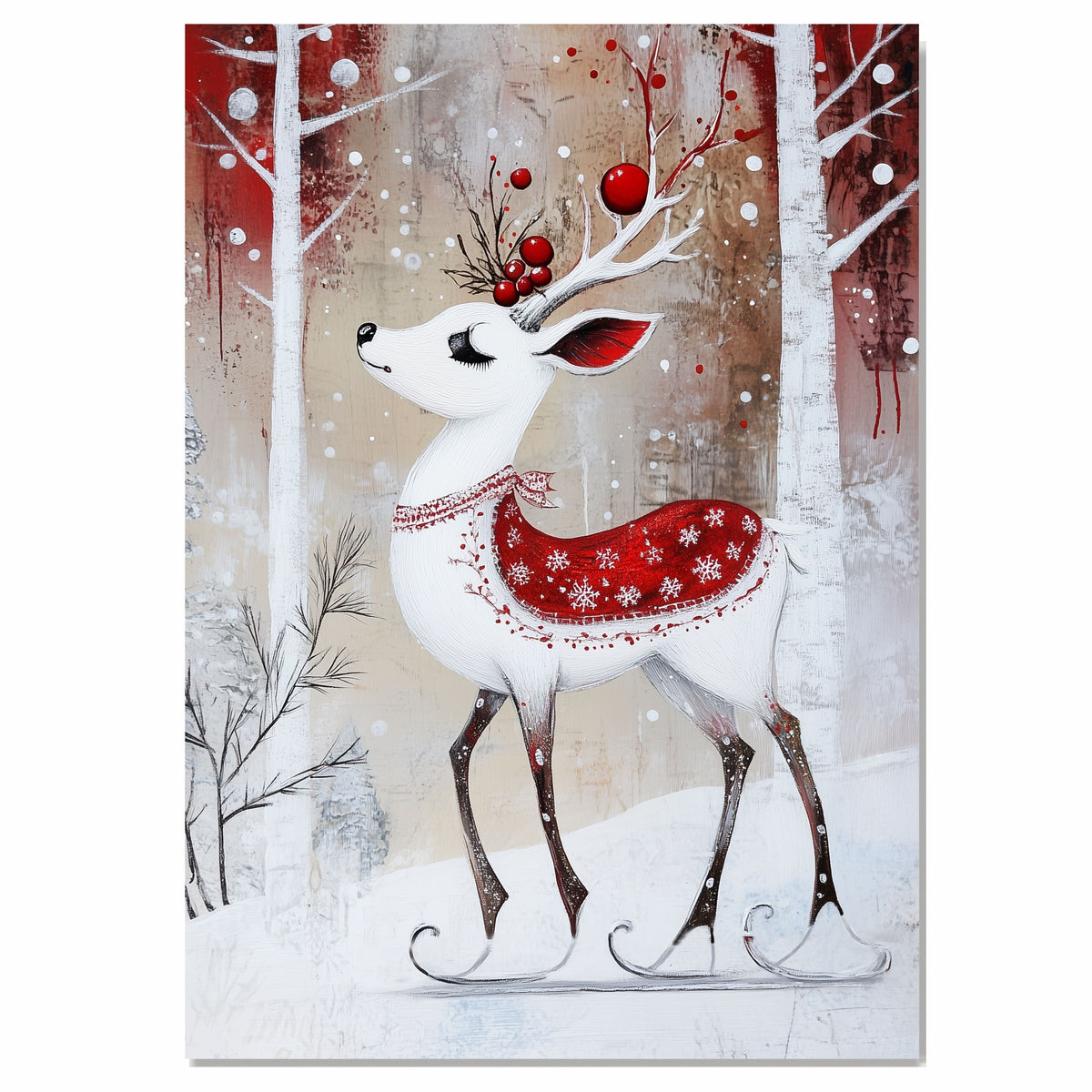 Whimsical Christmas Deer Ice Skating with Red Berries and Snowflake Blanket Woodland Winter Holiday Animal Illustration for Wall Art or Nursery Decor on Ready to Hang 1.5" Thick Canvas Wrap, Floating Framed Canvas, Flat Rolled Canvas