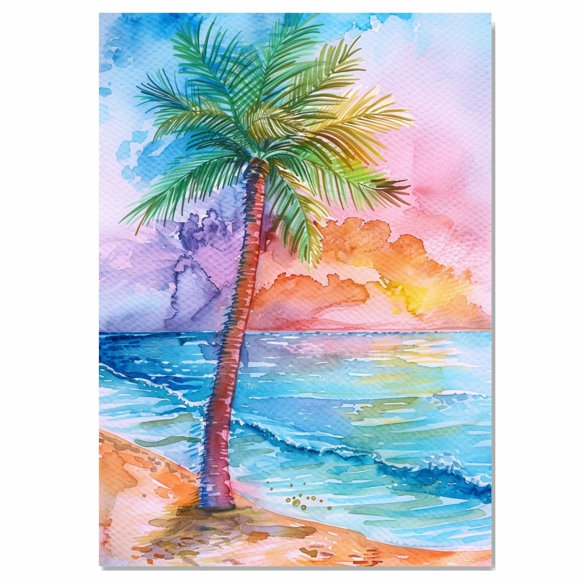 Tropical Palm Tree and Ocean Waves Watercolor Painting with Sunset Sky on Ready to Hang 1.5" Thick Canvas Wrap, Floating Framed Canvas, Flat Rolled Canvas