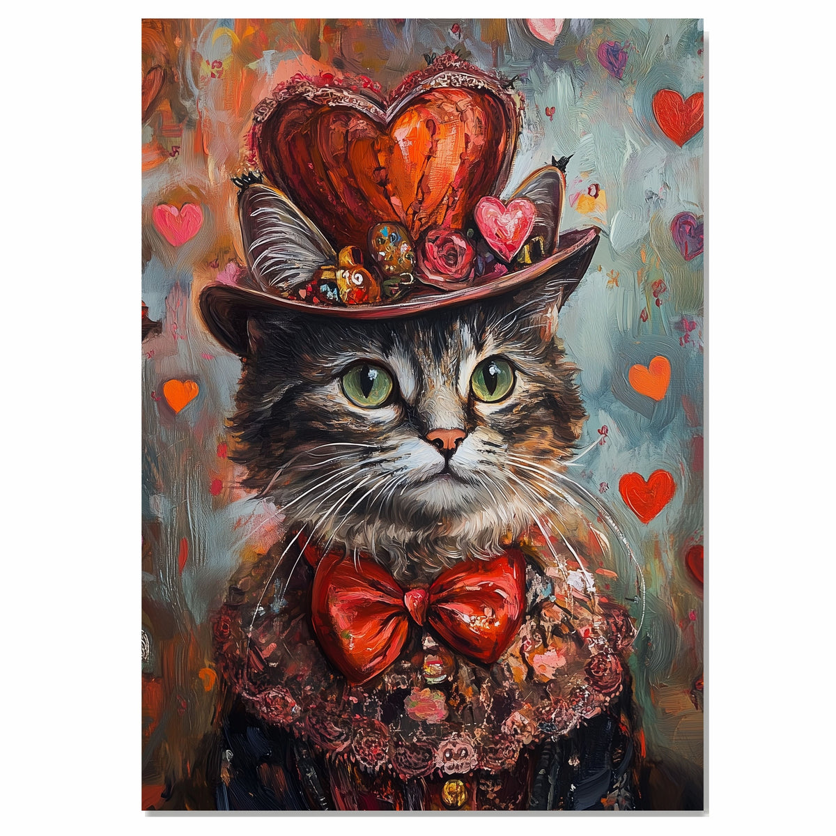 Victorian Grace: Cat in an Elegant European Flowery Dress and Hat with a Heartfelt Touch Charming Painting on Ready to Hang 1.5" Thick Canvas Wrap, Floating Framed Canvas, Flat Rolled Canvas