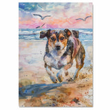 Watercolor Painting of a Happy Dog Running on the Beach with Splashing Waves and Sunset Sky in a Playful Coastal Scene on Ready to Hang 1.5" Thick Canvas Wrap, Floating Framed Canvas, Flat Rolled Canvas