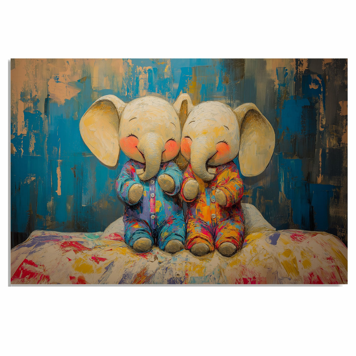 Heartwarming Painting of Two Cute Baby Elephants in Bright Pajamas Sitting Together on a Bed with Joyful Expressions and a Bold Abstract Background on Ready to Hang 1.5" Thick Canvas Wrap, Floating Framed Canvas, Flat Rolled Canvas