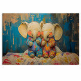 Heartwarming Painting of Two Cute Baby Elephants in Bright Pajamas Sitting Together on a Bed with Joyful Expressions and a Bold Abstract Background on Ready to Hang 1.5" Thick Canvas Wrap, Floating Framed Canvas, Flat Rolled Canvas