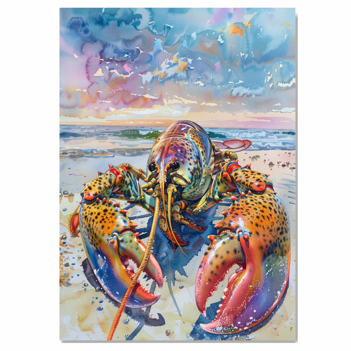 Watercolor Painting of a Colorful Lobster on the Beach with Ocean Waves and Vibrant Sky in Coastal Nautical Style on Ready to Hang 1.5" Thick Canvas Wrap, Floating Framed Canvas, Flat Rolled Canvas