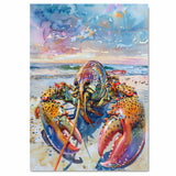 Watercolor Painting of a Colorful Lobster on the Beach with Ocean Waves and Vibrant Sky in Coastal Nautical Style on Ready to Hang 1.5" Thick Canvas Wrap, Floating Framed Canvas, Flat Rolled Canvas