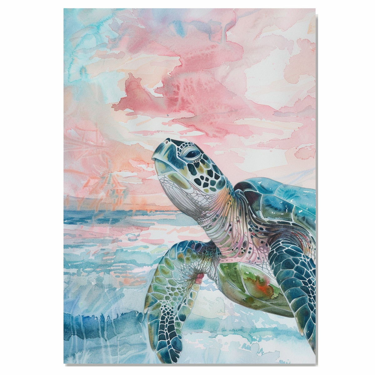 Watercolor Sea Turtle Swimming in Ocean with Pastel Sky and Gentle Waves in Coastal Marine Life Art Print on Ready to Hang 1.5" Thick Canvas Wrap, Floating Framed Canvas, Flat Rolled Canvas