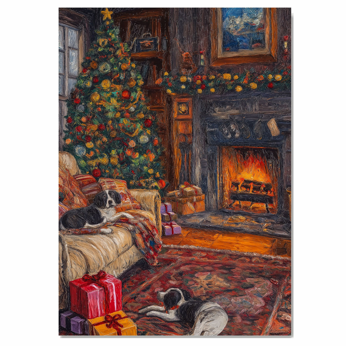 Vintage Christmas Living Room with Tree, Fireplace, and Sleeping Puppies, Cozy Holiday Scene with Warm Lights, Gifts, and Festive Garland on Ready to Hang 1.5" Thick Canvas Wrap, Floating Framed Canvas, Flat Rolled Canvas