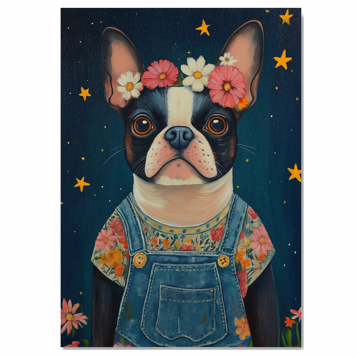 Whimsical Boston Terrier in Floral Overalls Under Starry Night Sky Charming Dog Art Perfect for Nursery Living Room Decor and Dog Lover Gifts on Ready to Hang 1.5" Thick Canvas Wrap, Floating Framed Canvas, Flat Rolled Canvas