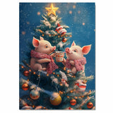 Two Baby Piglets in Scarves Sharing Cocoa on Christmas Tree Surrounded by Snowy Ornaments and Star Topper Holiday Art Print for Nursery or Winter Decor on Ready to Hang 1.5" Thick Canvas Wrap, Floating Framed Canvas, Flat Rolled Canvas