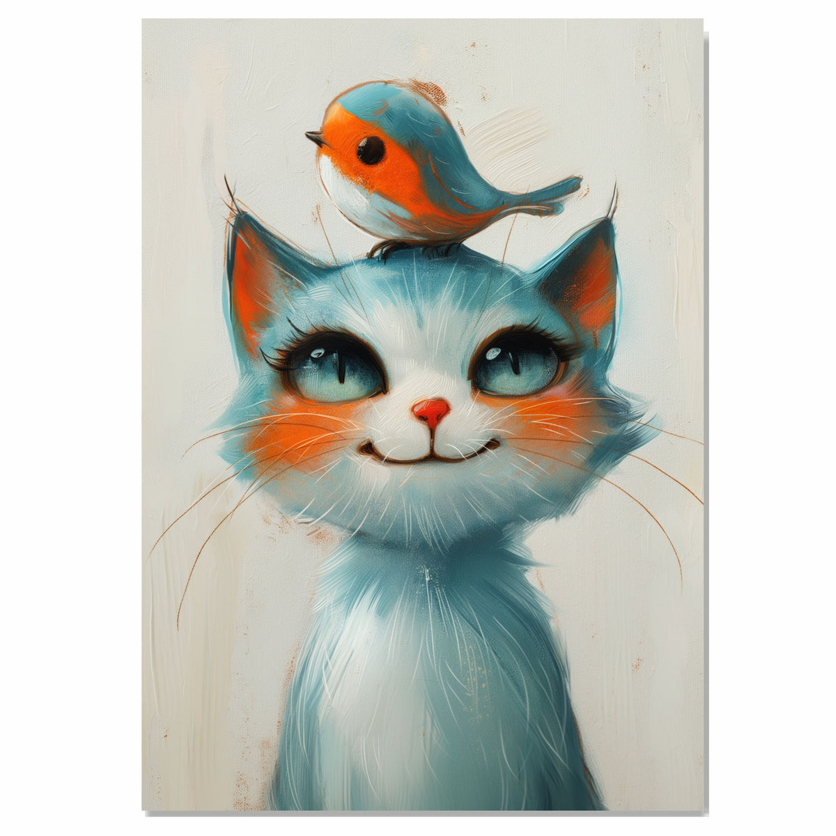 Charming Blue and White Cat with Red-Breasted Bird on Head Illustration for Kids Room or Nursery Cute Whimsical Animal Art with Bright and Playful Expression on Ready to Hang 1.5" Thick Canvas Wrap, Floating Framed Canvas, Flat Rolled Canvas
