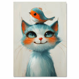 Charming Blue and White Cat with Red-Breasted Bird on Head Illustration for Kids Room or Nursery Cute Whimsical Animal Art with Bright and Playful Expression on Ready to Hang 1.5" Thick Canvas Wrap, Floating Framed Canvas, Flat Rolled Canvas
