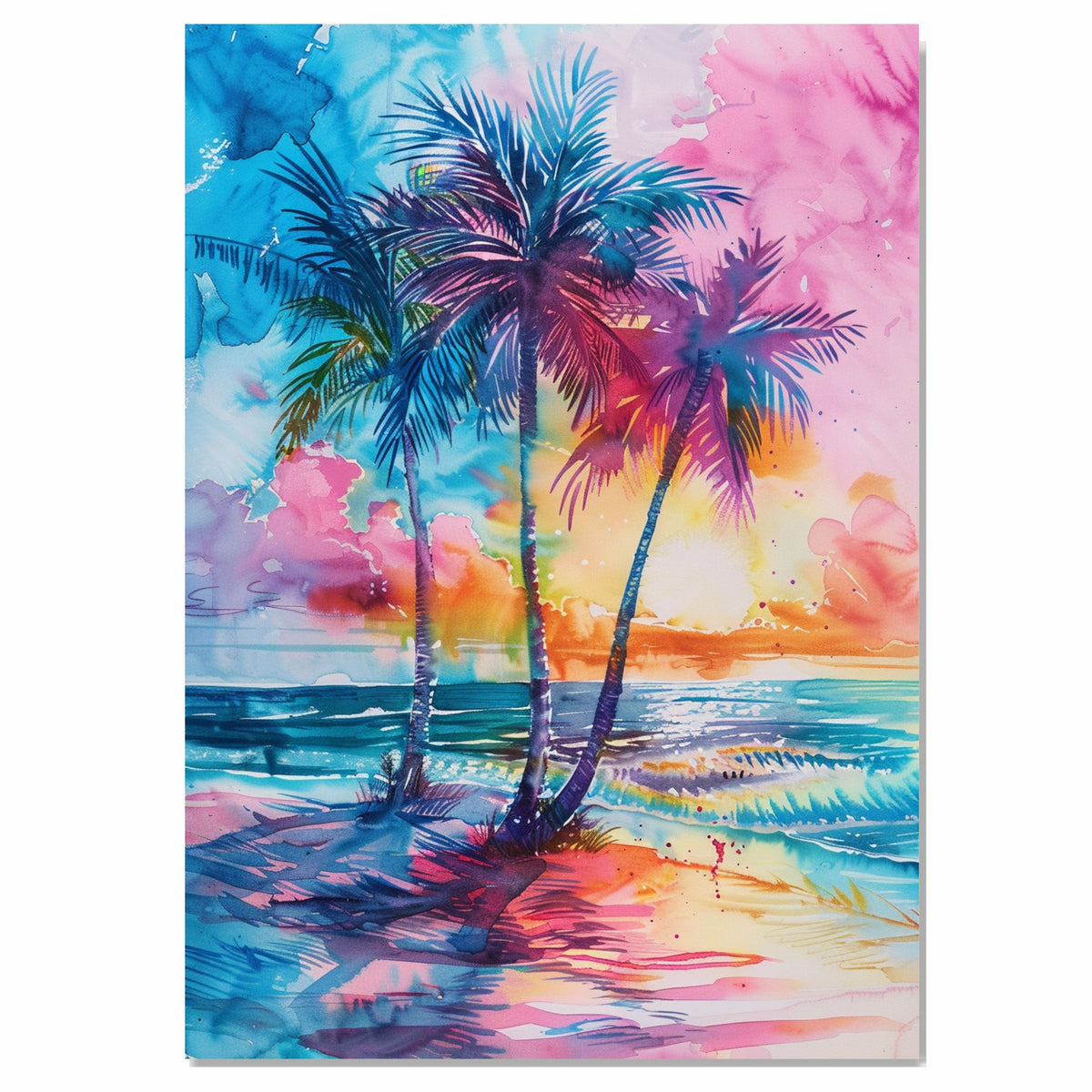 Rainbow Palm Trees by Ocean Sunset Watercolor Painting with Vibrant Sky and Tropical Coastal Beach Scenery on Ready to Hang 1.5" Thick Canvas Wrap, Floating Framed Canvas, Flat Rolled Canvas