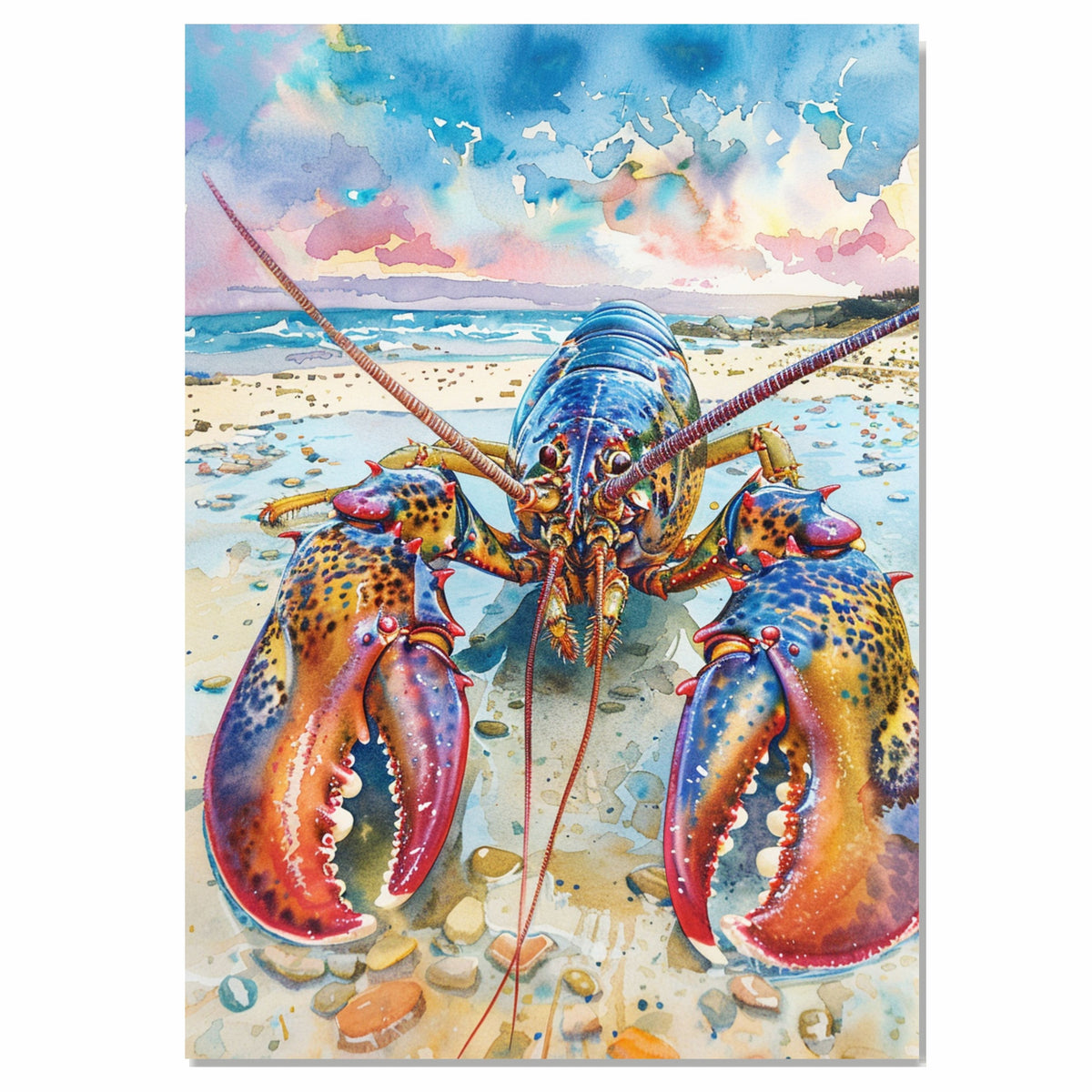 Watercolor Painting of a Colorful Lobster on a Rocky Beach with Ocean Waves and Dramatic Sky in Coastal Marine Style on Ready to Hang 1.5" Thick Canvas Wrap, Floating Framed Canvas, Flat Rolled Canvas