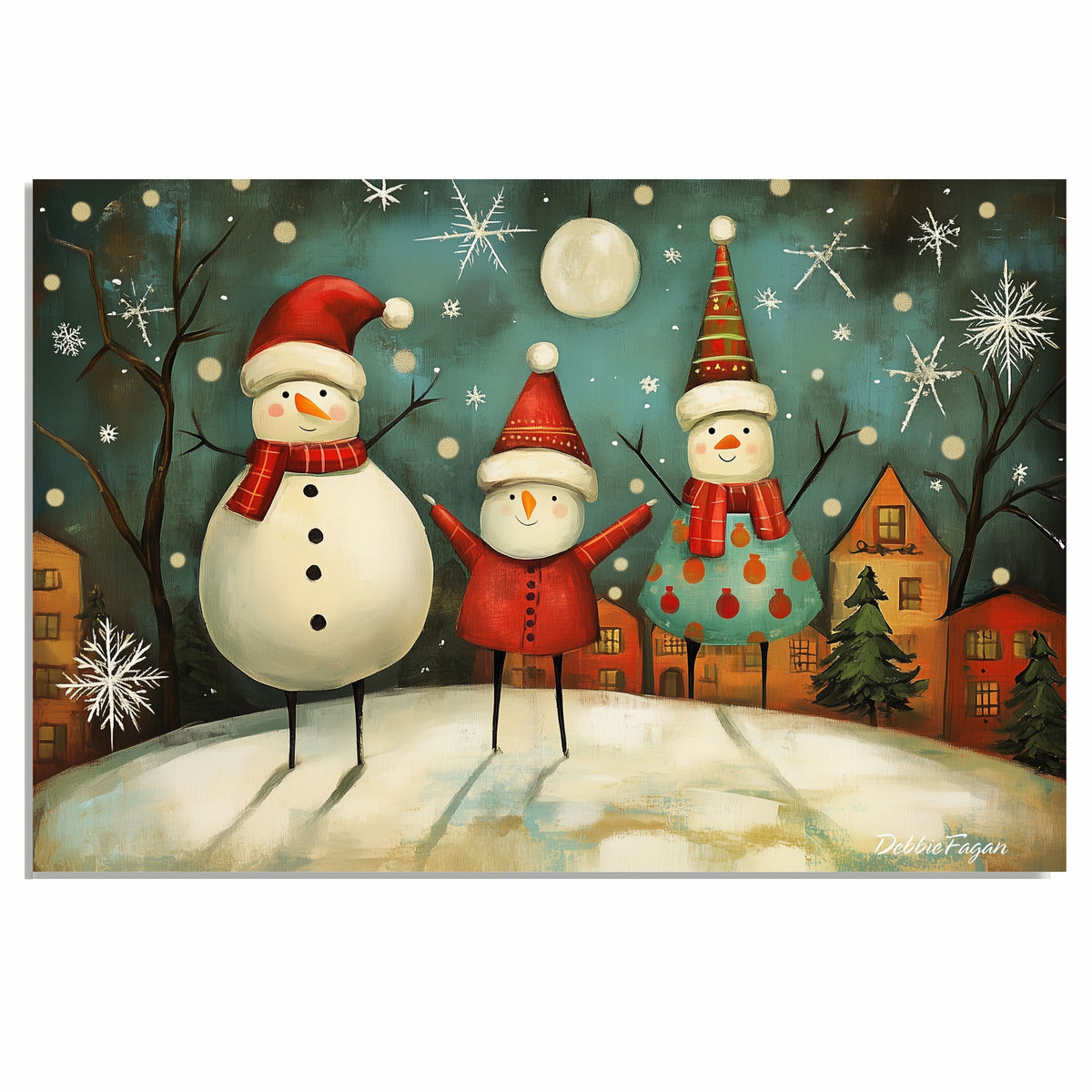Christmas Folk Art with Three Joyful Snowmen, Falling Snowflakes, Festive Hats, and a Cheerful Winter Village on Ready to Hang 1.5" Thick Canvas Wrap, Floating Framed Canvas, Flat Rolled Canvas