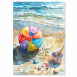 Watercolor Painting of Beach Ball and Seashells on Shoreline with Gentle Waves and Sunlit Sand for Coastal Summer Vibes on Ready to Hang 1.5" Thick Canvas Wrap, Floating Framed Canvas, Flat Rolled Canvas