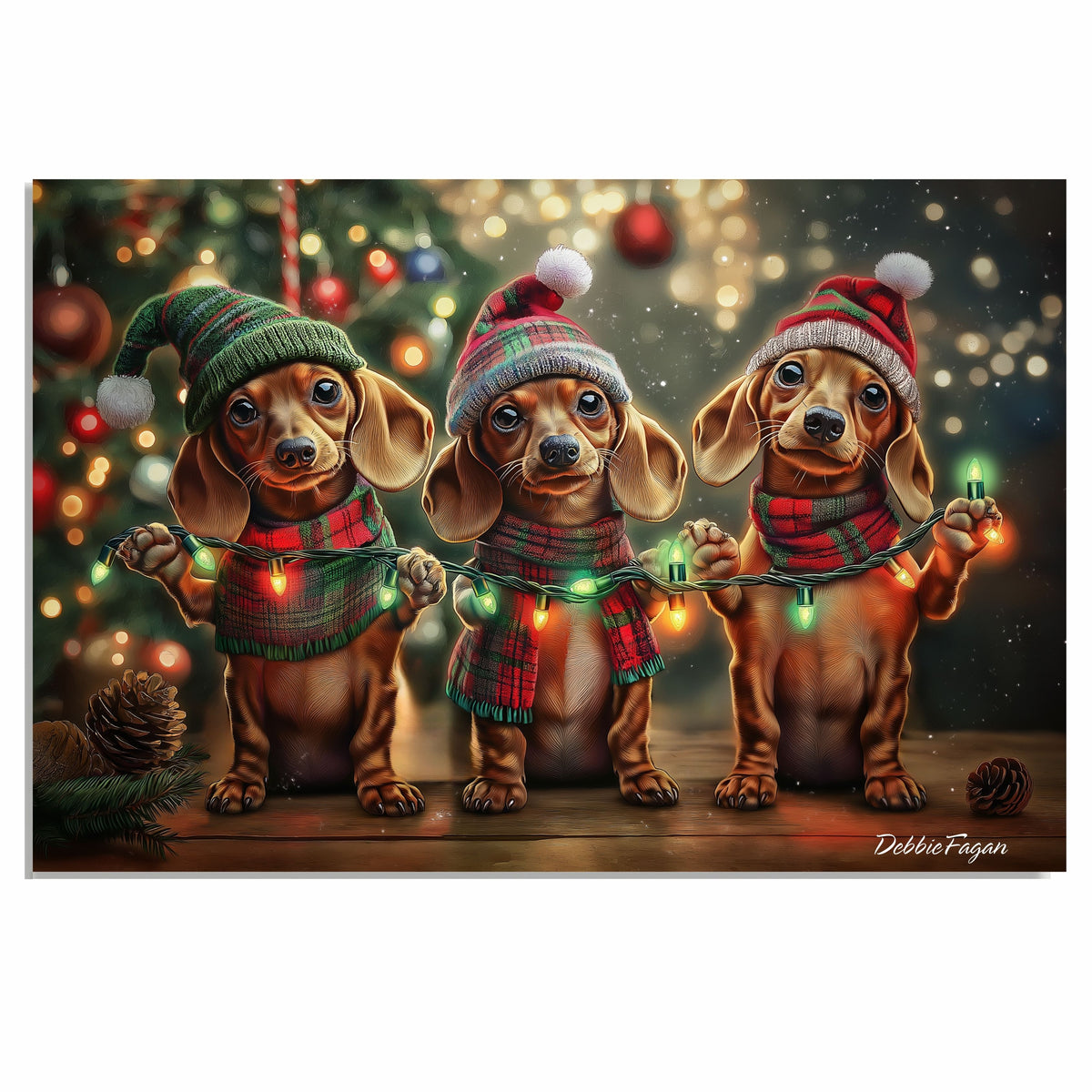 Christmas Canvas - "Holiday Cheer" - Adorable Doxie in Festive Winter Attire Holding Christmas String Lights on Ready to Hang 1.5" Thick Canvas Wrap, Floating Framed Canvas, Flat Rolled Canvas