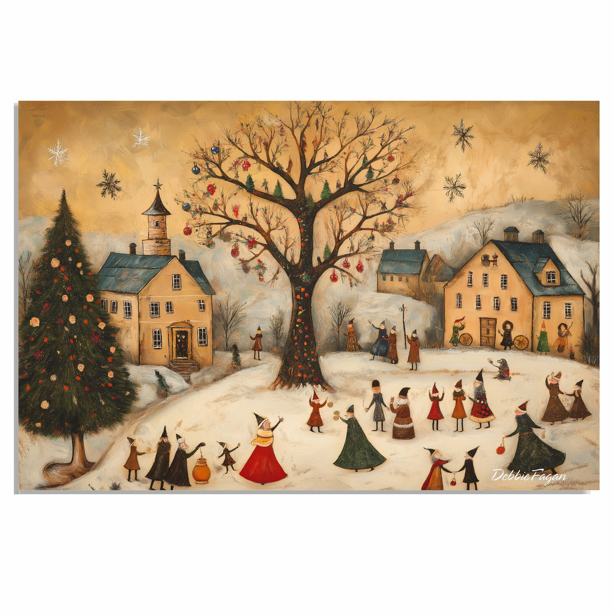 Whimsical Christmas Folk Art Scene with Decorated Tree, Snowy Village, Carolers, and Festive Holiday Celebrations on Ready to Hang 1.5" Thick Canvas Wrap, Floating Framed Canvas, Flat Rolled Canvas