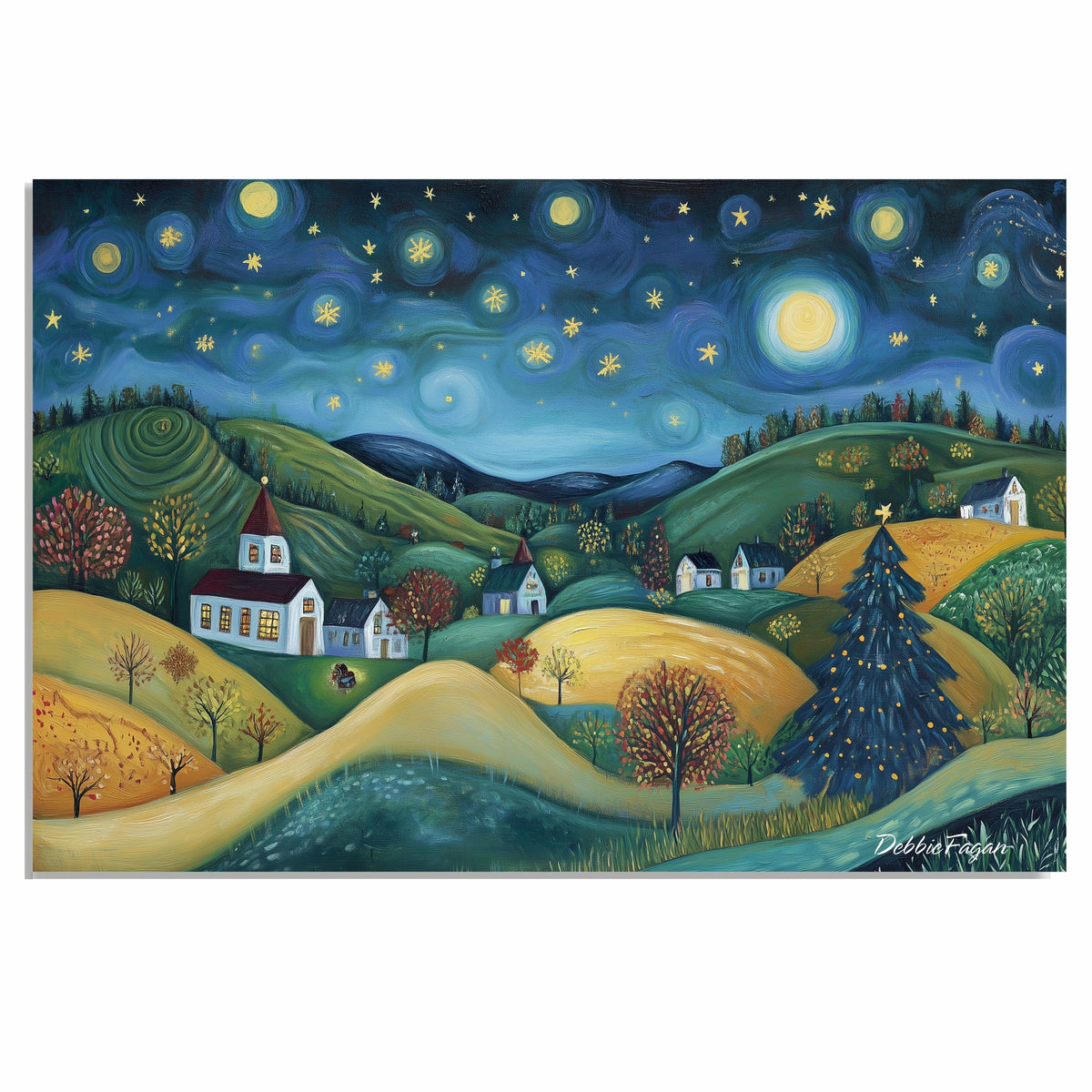 Starry Christmas Night Over Peaceful Village and Hills – Folk Art Holiday Landscape Painting on Ready to Hang 1.5" Thick Canvas Wrap, Floating Framed Canvas, Flat Rolled Canvas
