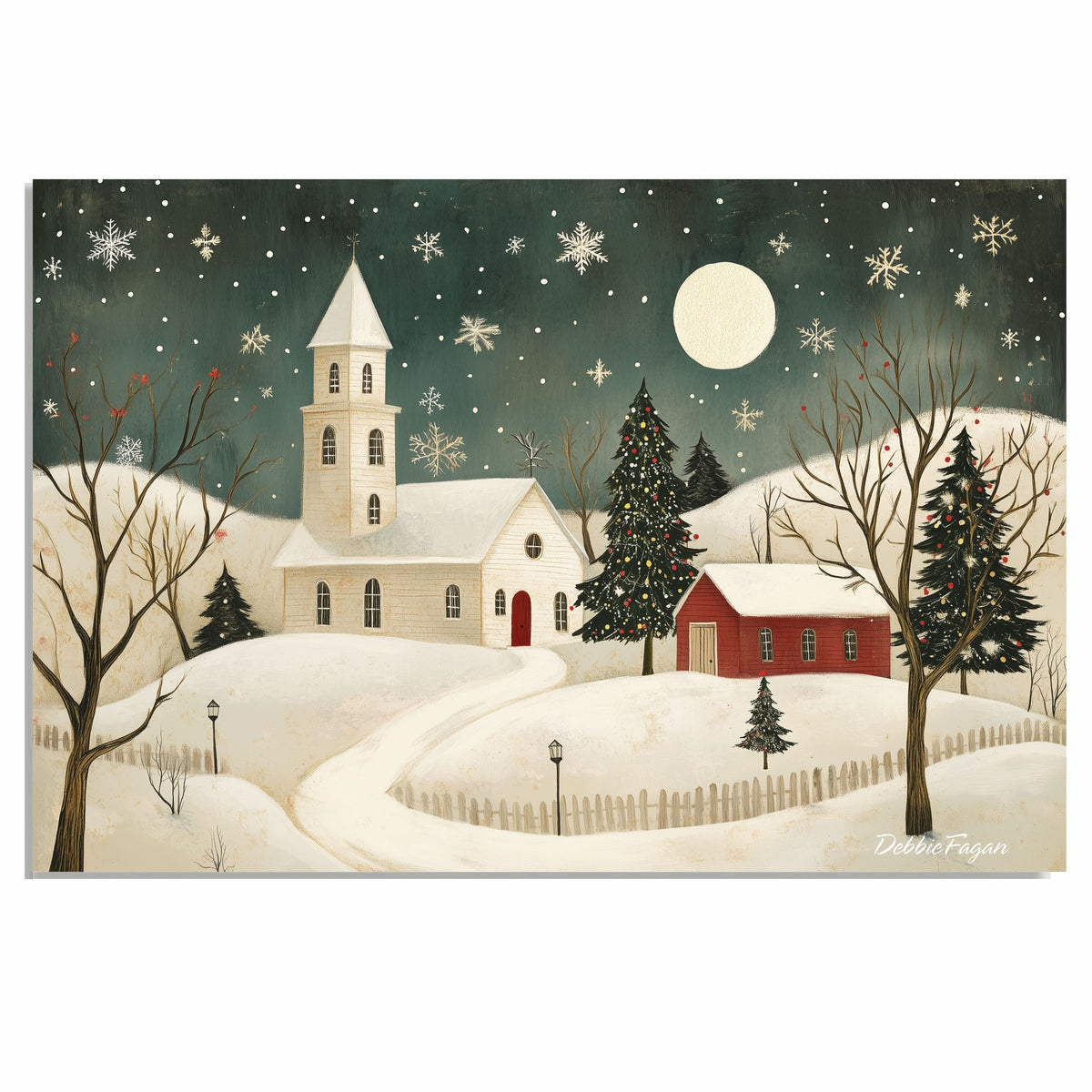 Christmas Folk Art Scene with Snowy Church, Red Barn, Lit Trees, and Falling Snowflakes Under a Glowing Winter Moon on Ready to Hang 1.5" Thick Canvas Wrap, Floating Framed Canvas, Flat Rolled Canvas