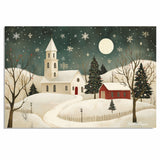 Christmas Folk Art Scene with Snowy Church, Red Barn, Lit Trees, and Falling Snowflakes Under a Glowing Winter Moon on Ready to Hang 1.5" Thick Canvas Wrap, Floating Framed Canvas, Flat Rolled Canvas