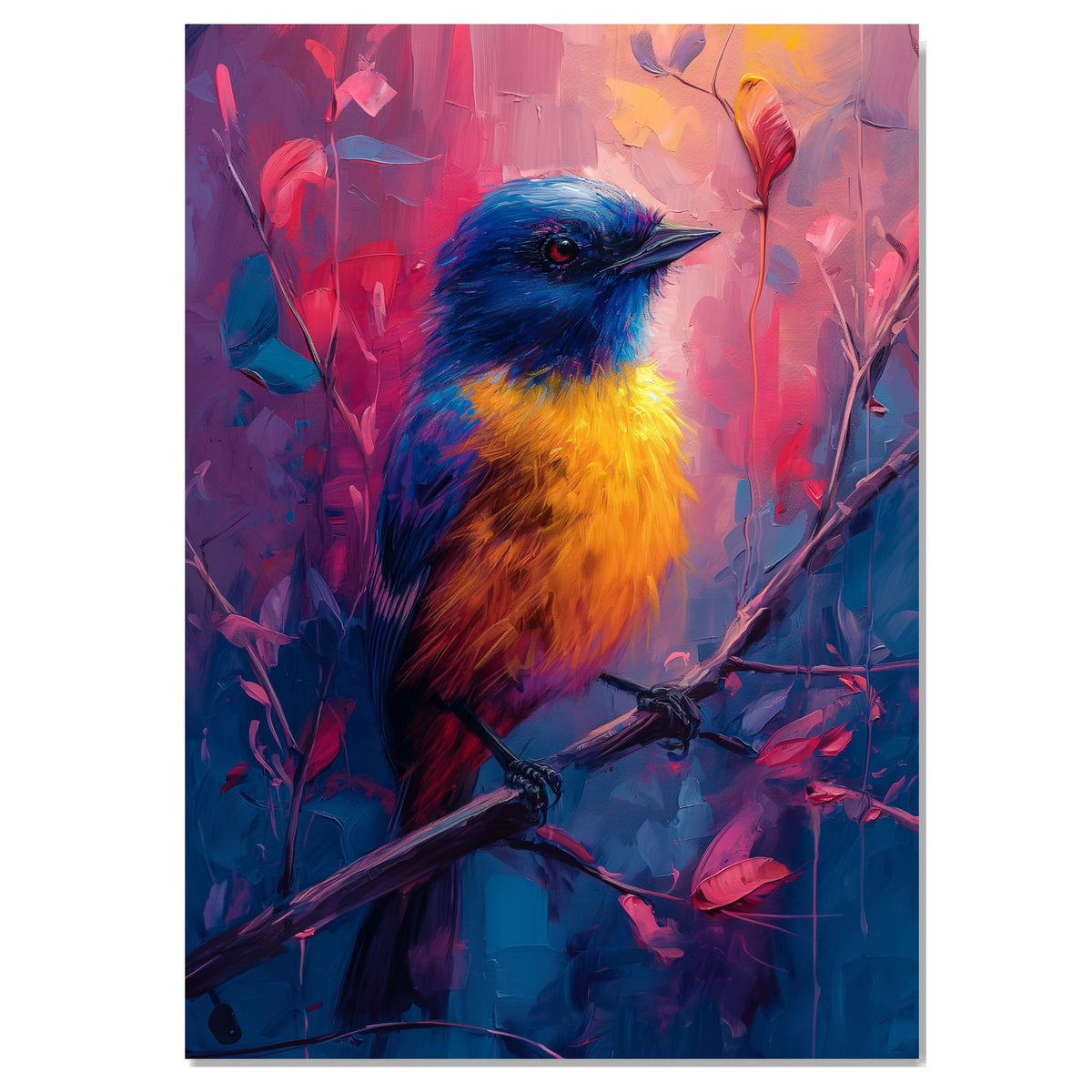Striking Yellow and Blue Bird on Branch with Deep Red and Purple Abstract Background on Ready to Hang 1.5" Thick Canvas Wrap, Floating Framed Canvas, Flat Rolled Canvas