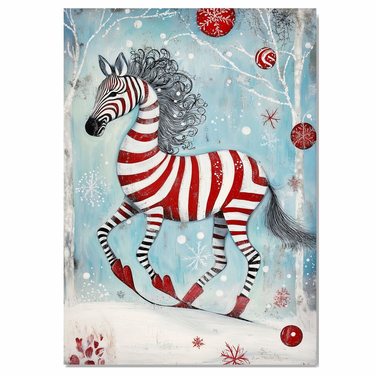 Peppermint Candy Cane Zebra Christmas Ice Skating Print – Whimsical Red & White Holiday Art, Fantasy Winter Animal Wall Decor, Zebra in Skates Illustration on Ready to Hang 1.5" Thick Canvas Wrap, Floating Framed Canvas, Flat Rolled Canvas