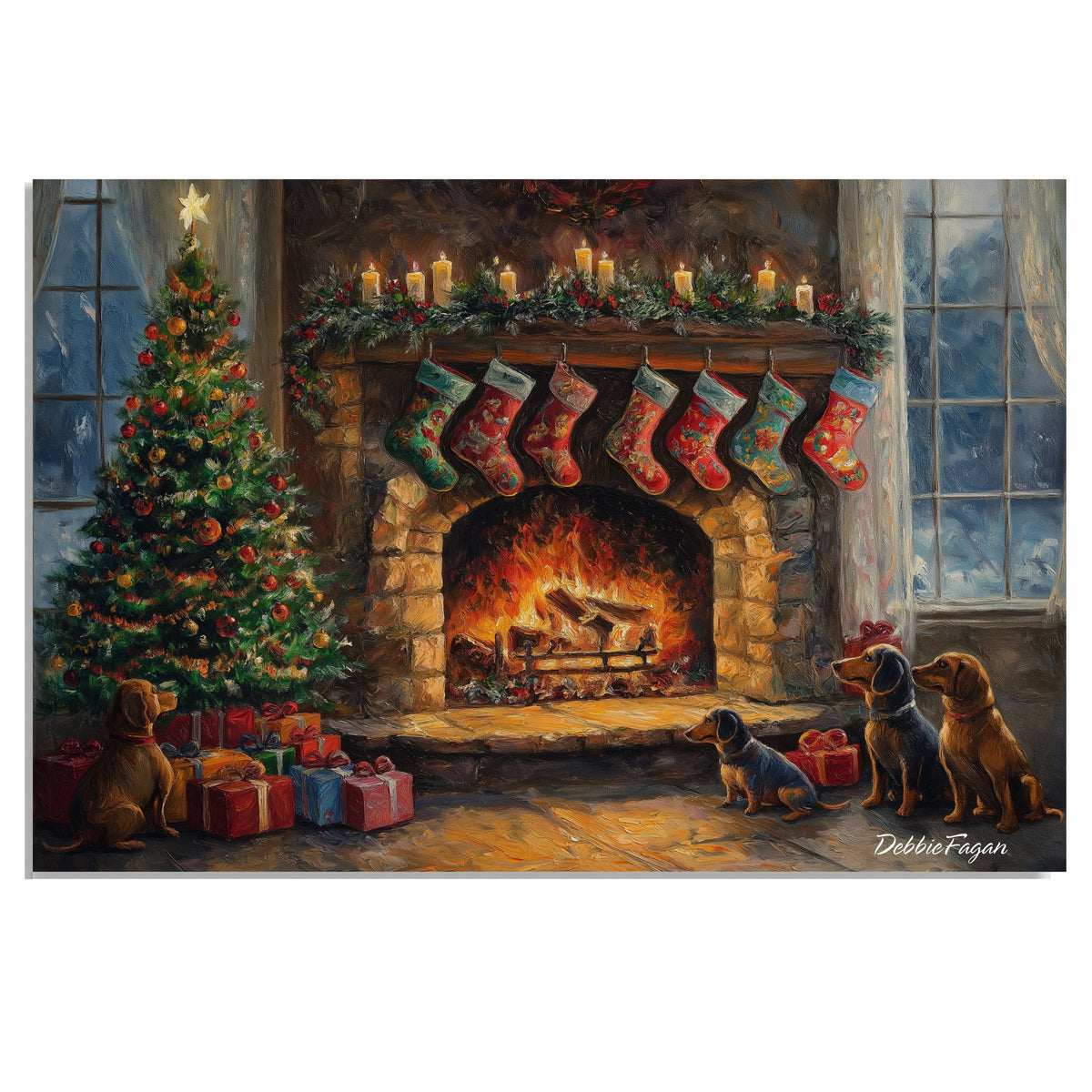 Dachshund Christmas Canvas - "Doxie Fireside Dreams" - Wiener Dogs by a Crackling Fireplace During a Winter Storm on Ready to Hang 1.5" Thick Canvas Wrap, Floating Framed Canvas, Flat Rolled Canvas