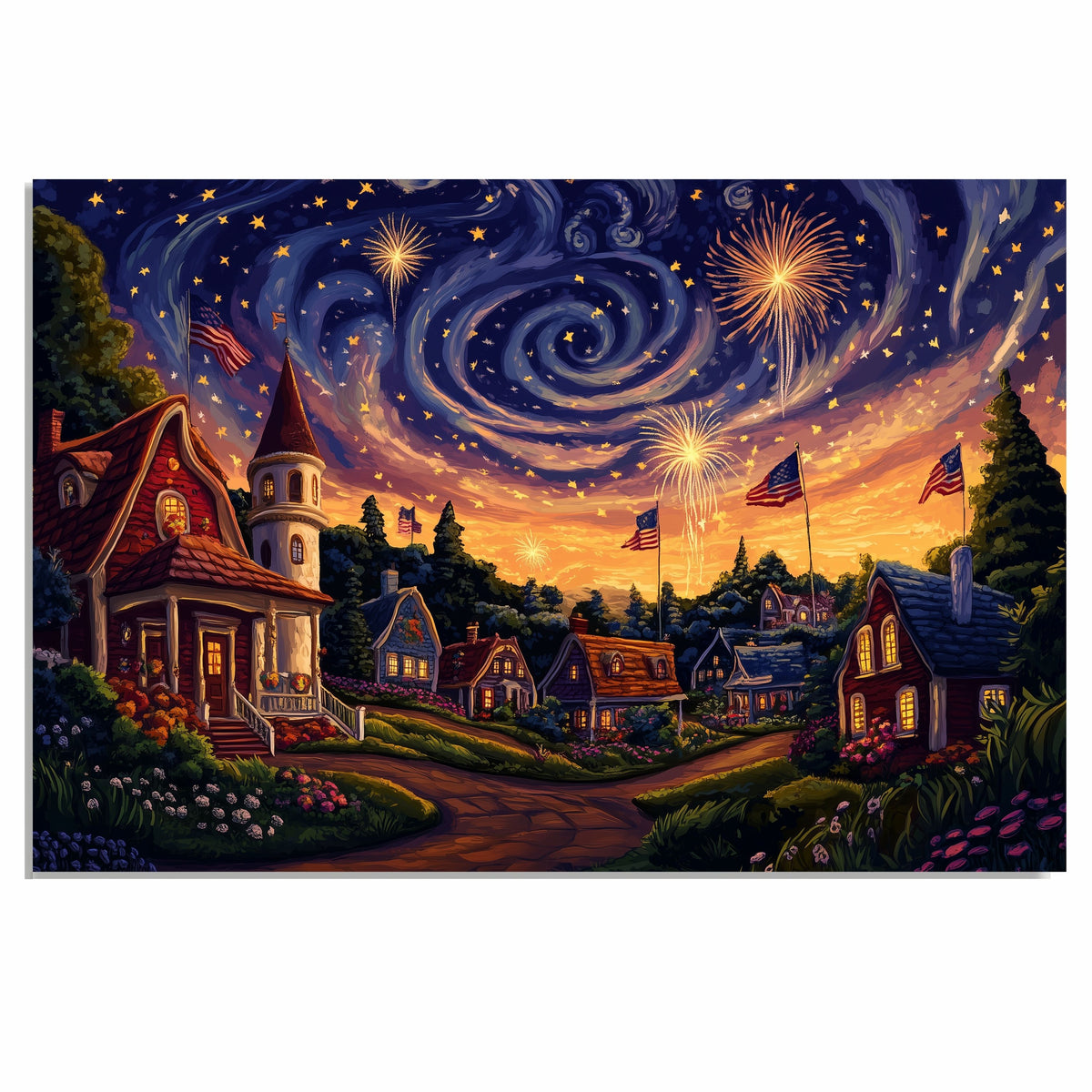 Whimsical 4th of July Village with Fireworks, American Flags, and Glowing Cottages Under a Swirling Starry Sky, Festive Celebration of Patriotism and Magic on Ready to Hang 1.5" Thick Canvas Wrap, Floating Framed Canvas, Flat Rolled Canvas
